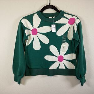 NWT Gap Girls’ 10 Relaxed Print Intarsia Tight Knit Green Sweater Daisy Motif